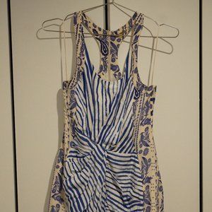 Rebecca Minkoff Blue and White Print Silk Mini-Dress with Racerback (Lined)